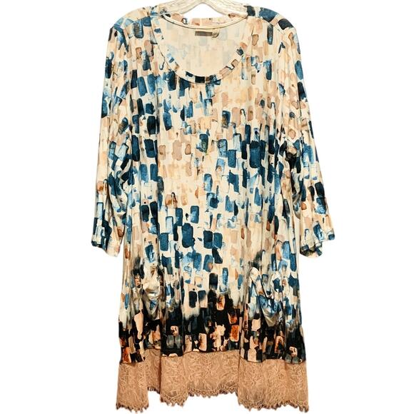 LOGO LORI GOLDSTEIN Tunic 3X Lace Hem Abstract Print Artsy Eclectic Stretchy - Picture 1 of 9
